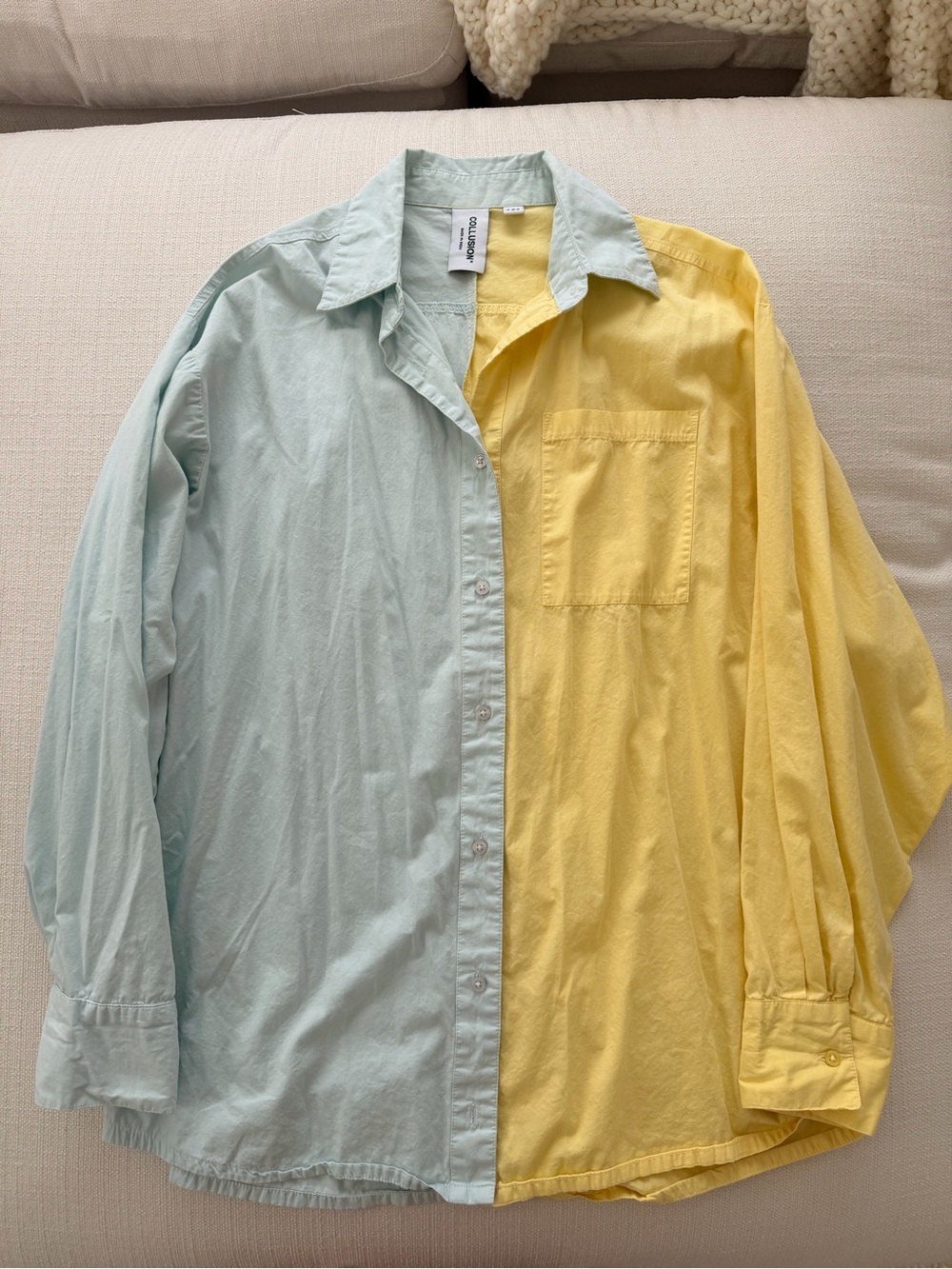 Colorblock Light Blue & Yellow Oversized Cotton Button-Up Shirt